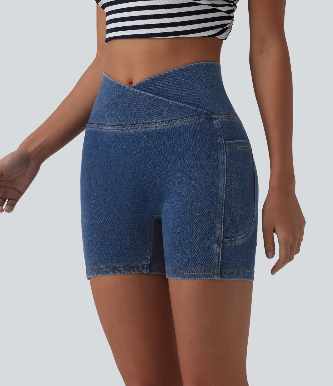 Halara Flex™ Crossover High Waisted Tummy Control Denim Casual Skinny Shorts 5'' with Pockets