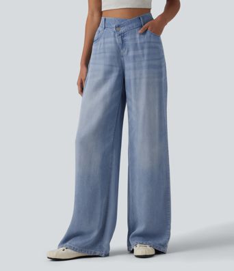 Asymmetric Mid Rise Draped Wide Leg Casual Jeans with Pockets