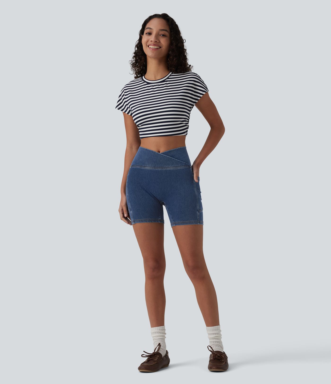 Halara Flex™ Crossover High Waisted Tummy Control Denim Casual Skinny Shorts 5'' with Pockets