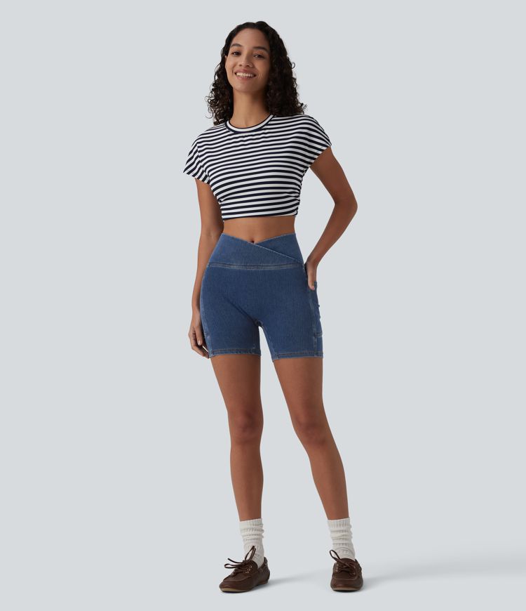 Halara Flex™ Crossover High Waisted Tummy Control Denim Casual Skinny Shorts 5'' with Pockets