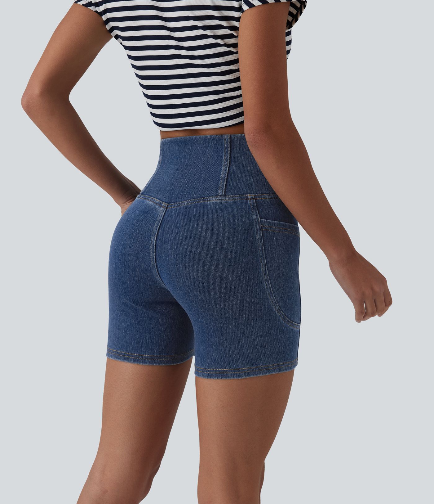 Halara Flex™ Crossover High Waisted Tummy Control Denim Casual Skinny Shorts 5'' with Pockets