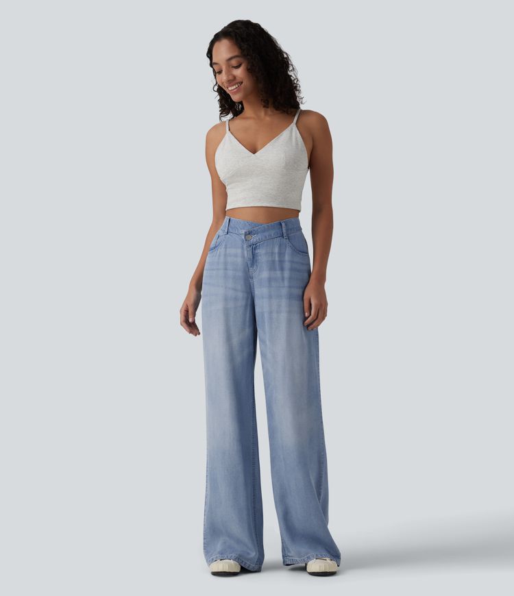 Asymmetric Mid Rise Draped Wide Leg Casual Jeans with Pockets