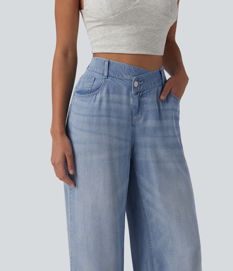 Asymmetric Mid Rise Draped Wide Leg Casual Jeans with Pockets