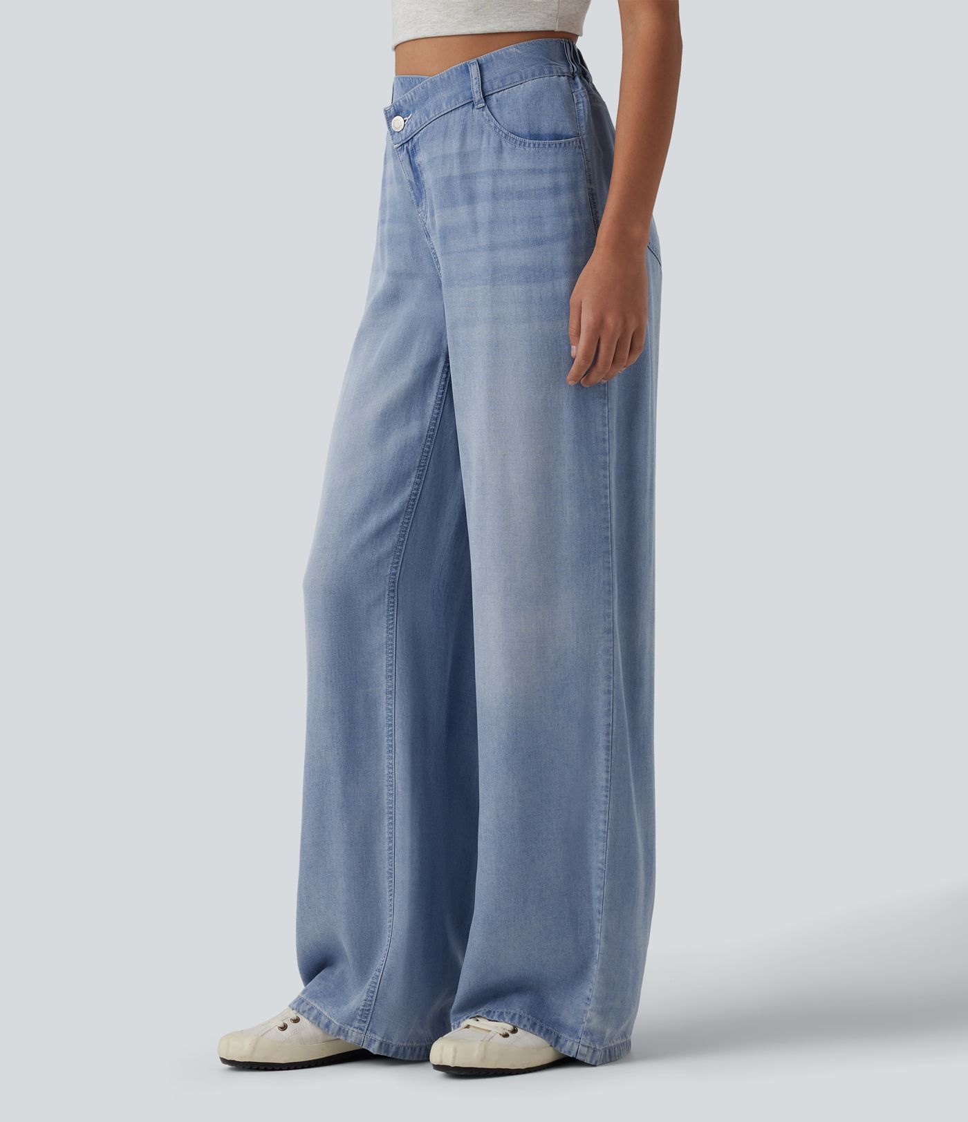 Asymmetric Mid Rise Draped Wide Leg Casual Jeans with Pockets