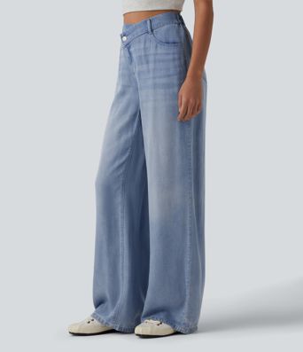 Asymmetric Mid Rise Draped Wide Leg Casual Jeans with Pockets