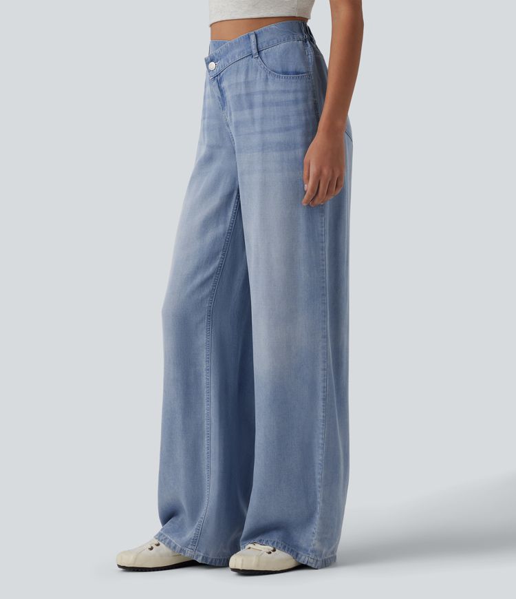 Asymmetric Mid Rise Draped Wide Leg Casual Jeans with Pockets