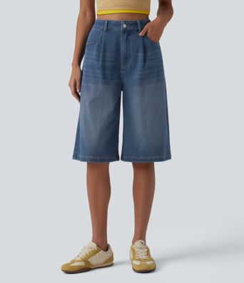 Halara Flex™ - Lässige Bermuda-Shorts aus Denim mit hohem Bund und mehreren Taschen