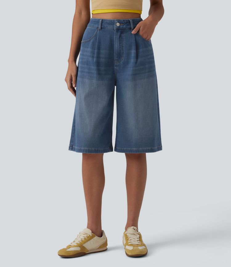 Halara Flex™ - Lässige Bermuda-Shorts aus Denim mit hohem Bund und mehreren Taschen