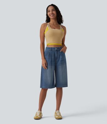 Halara Flex™ - Lässige Bermuda-Shorts aus Denim mit hohem Bund und mehreren Taschen
