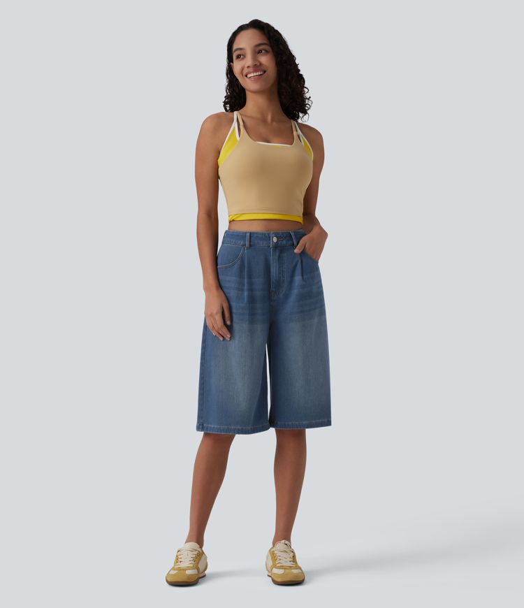 Halara Flex™ - Lässige Bermuda-Shorts aus Denim mit hohem Bund und mehreren Taschen