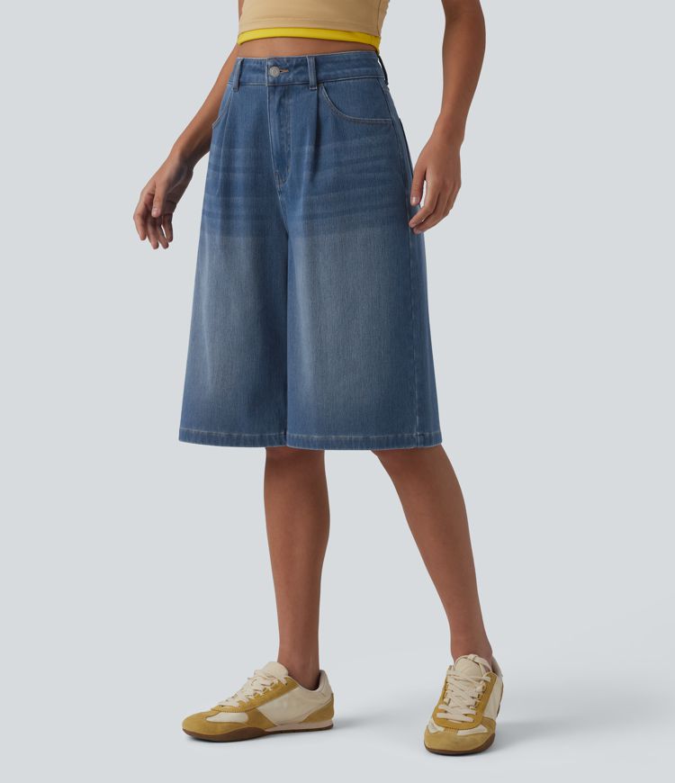 Halara Flex™ - Lässige Bermuda-Shorts aus Denim mit hohem Bund und mehreren Taschen