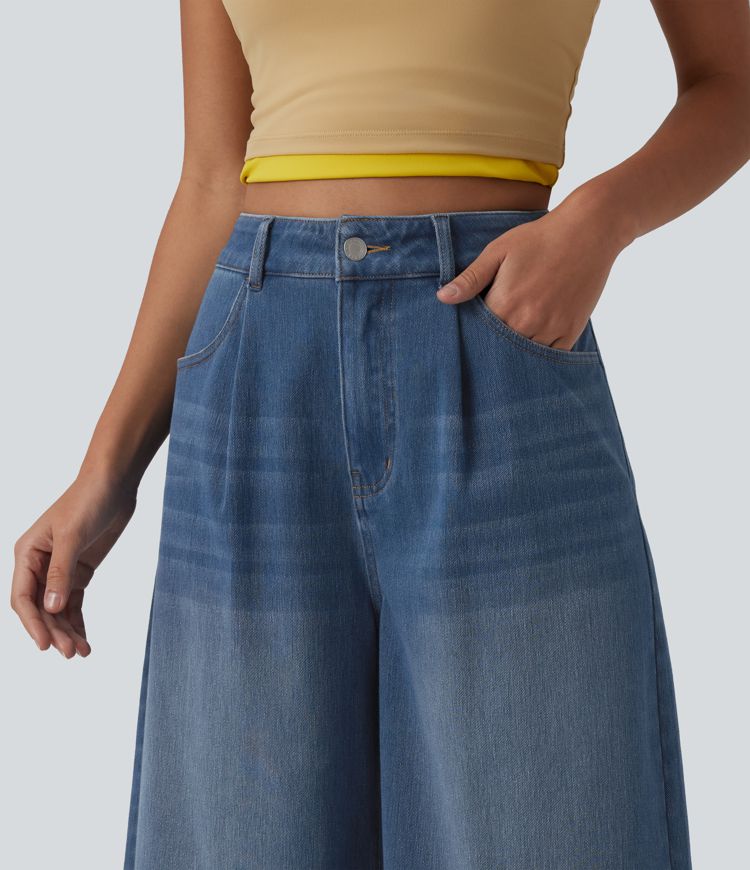 Halara Flex™ - Lässige Bermuda-Shorts aus Denim mit hohem Bund und mehreren Taschen