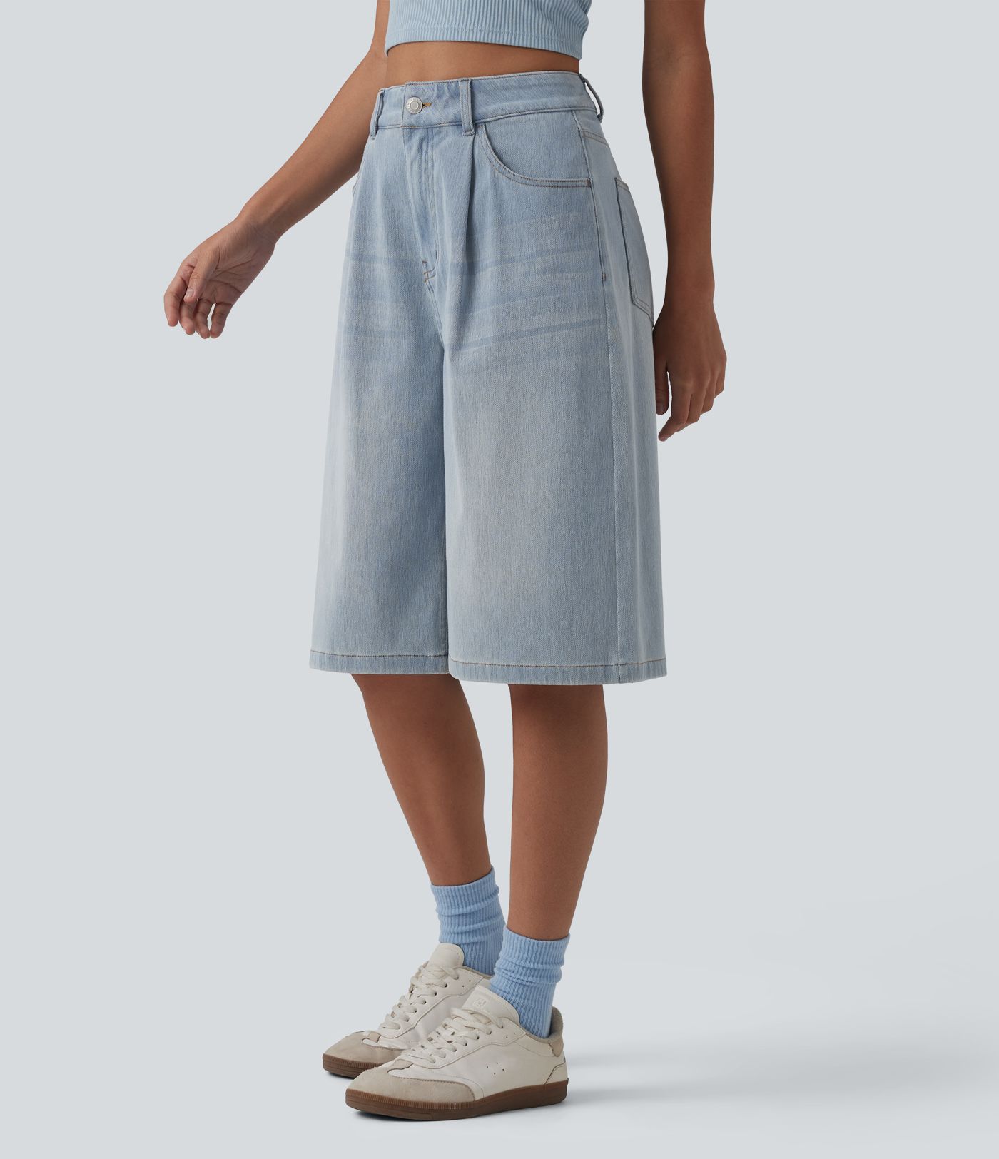 Halara Flex™ - Lässige Bermuda-Shorts aus Denim mit hohem Bund und mehreren Taschen