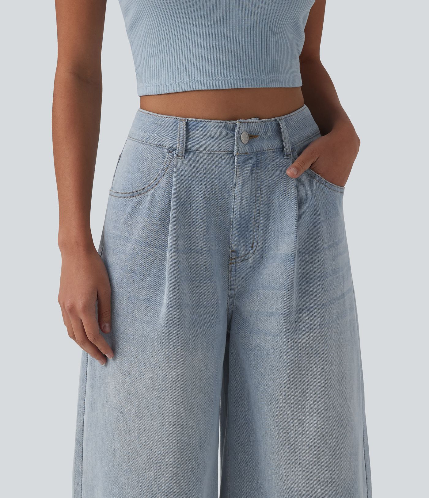 Halara Flex™ - Lässige Bermuda-Shorts aus Denim mit hohem Bund und mehreren Taschen