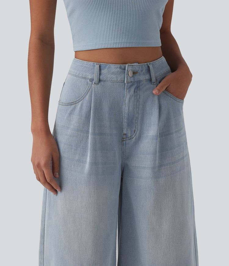 Halara Flex™ - Lässige Bermuda-Shorts aus Denim mit hohem Bund und mehreren Taschen