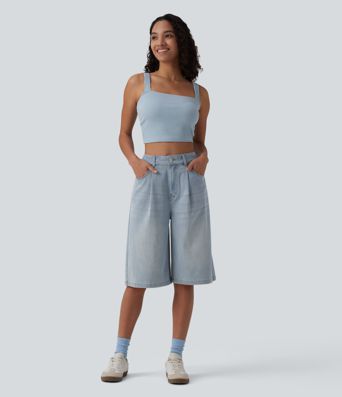 Halara Flex™ - Lässige Bermuda-Shorts aus Denim mit hohem Bund und mehreren Taschen