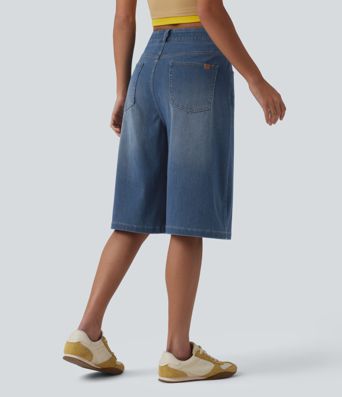 Halara Flex™ - Lässige Bermuda-Shorts aus Denim mit hohem Bund und mehreren Taschen