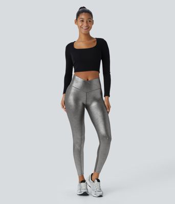 SoftlyZero™ Imiteret læder crossover bukser med lomme og folietryk, strækbare, afslappede