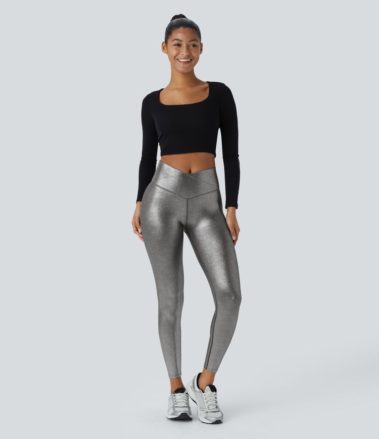 SoftlyZero™ Imiteret læder crossover bukser med lomme og folietryk, strækbare, afslappede