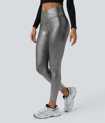 SoftlyZero™ Imiteret læder crossover bukser med lomme og folietryk, strækbare, afslappede