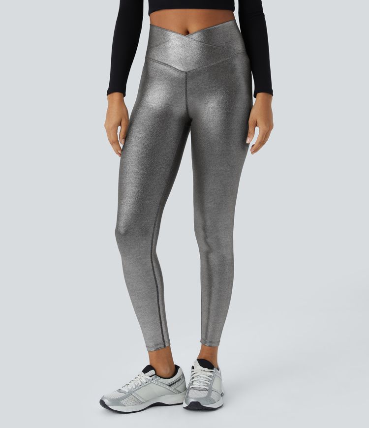 SoftlyZero™ Imiteret læder crossover bukser med lomme og folietryk, strækbare, afslappede