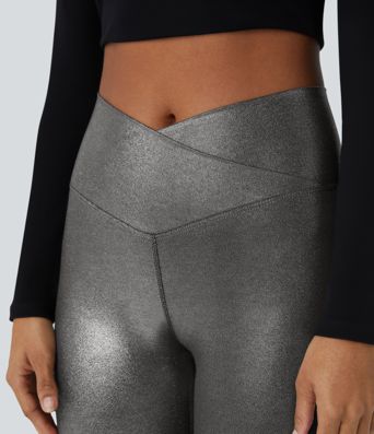 SoftlyZero™ Imiteret læder crossover bukser med lomme og folietryk, strækbare, afslappede