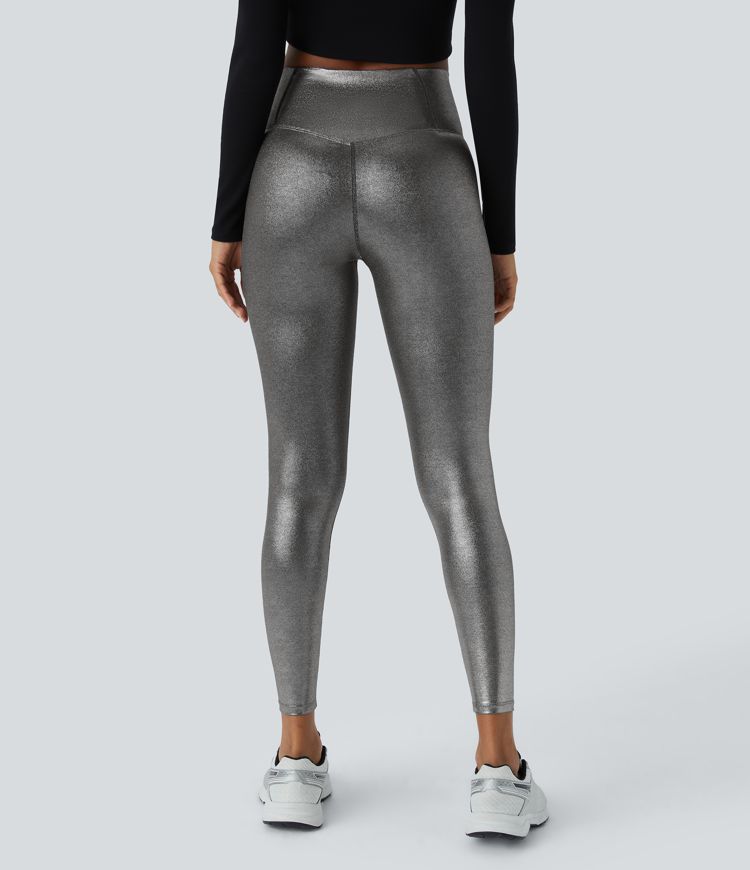 SoftlyZero™ Imiteret læder crossover bukser med lomme og folietryk, strækbare, afslappede