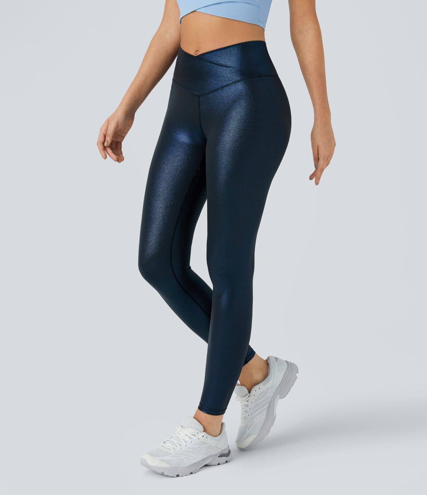 SoftlyZero™ Faux Leather Crossover Pocket Foil Print Stretchy Casual Leggings