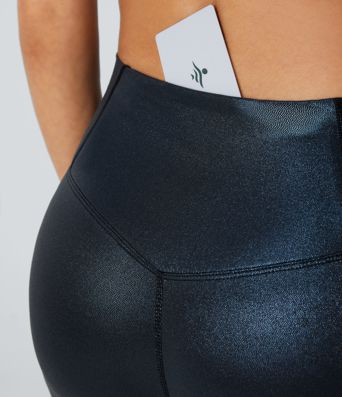 SoftlyZero™ Faux Leather Crossover Pocket Foil Print Stretchy Casual Leggings