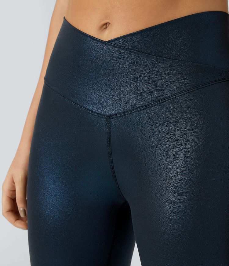 SoftlyZero™ Faux Leather Crossover Pocket Foil Print Stretchy Casual Leggings