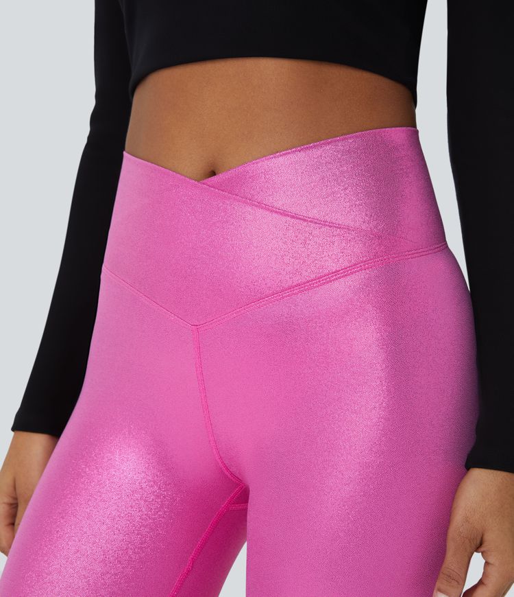 SoftlyZero™ Faux Leather Crossover Pocket Foil Print Stretchy Casual Leggings