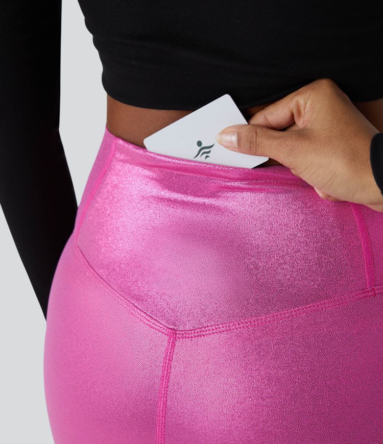 SoftlyZero™ Faux Leather Crossover Pocket Foil Print Stretchy Casual Leggings