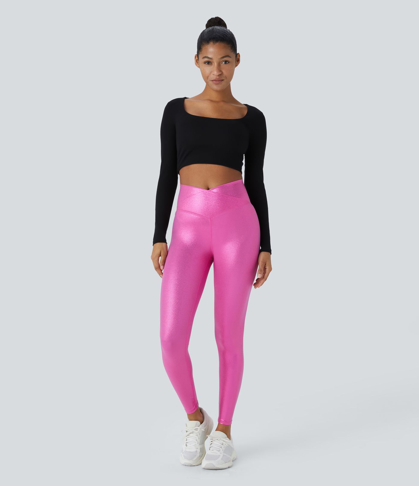 SoftlyZero™ Faux Leather Crossover Pocket Foil Print Stretchy Casual Leggings