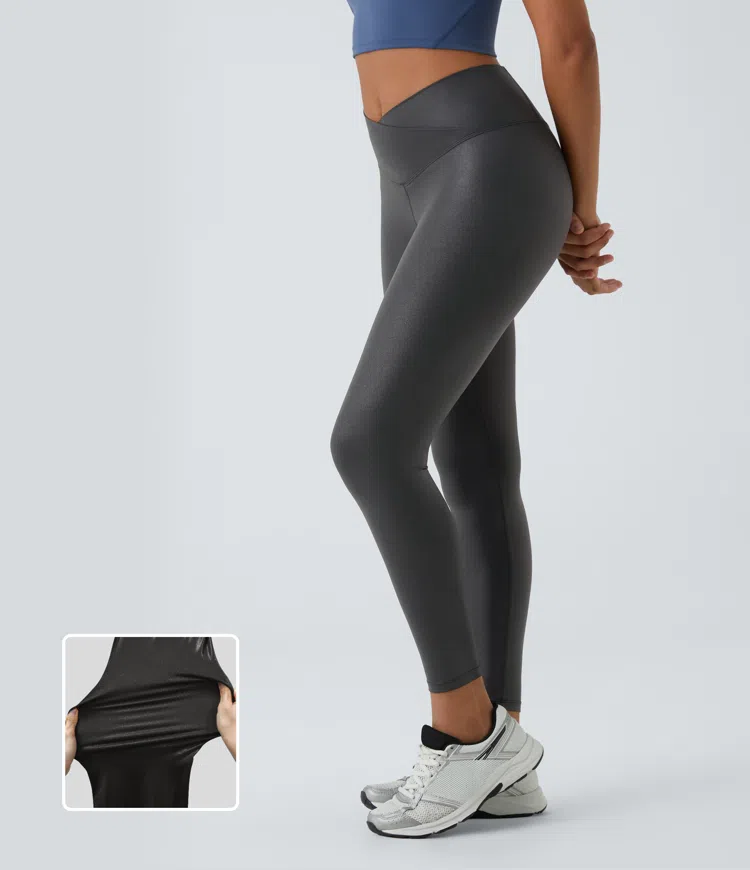 Softlyzero™ Faux Leather Crossover Back Pocket Foil Print Stretchy Casual Trousers