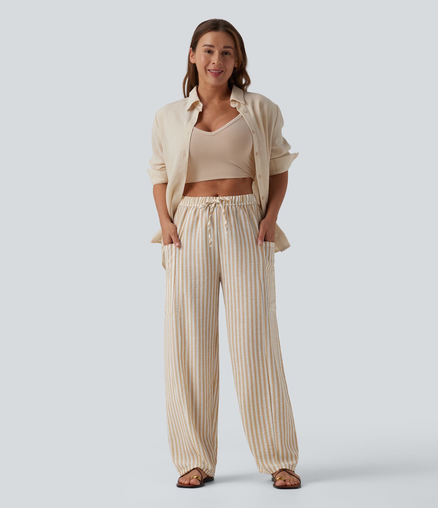 Mid Rise Drawstring Stripes Linen-Feel Casual Barrel Leg Pants with Pockets