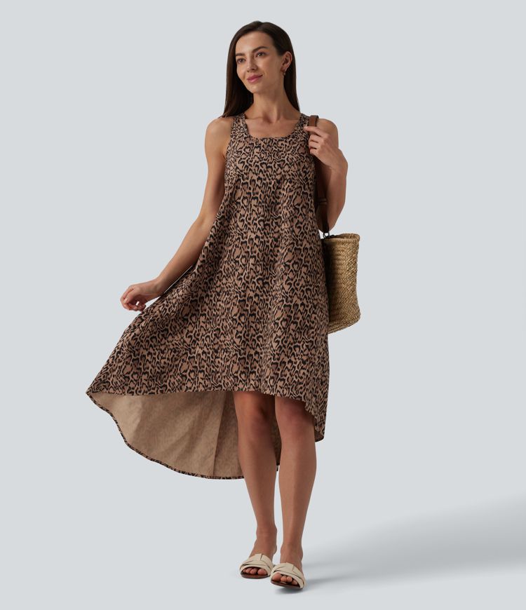 Racerback Sleeveless High Low Leopard Print Flowy Midi Resort Dress with Pockets