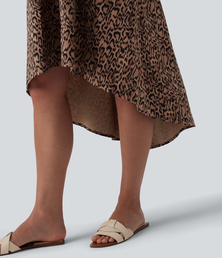 Racerback Sleeveless High Low Leopard Print Flowy Midi Resort Dress with Pockets