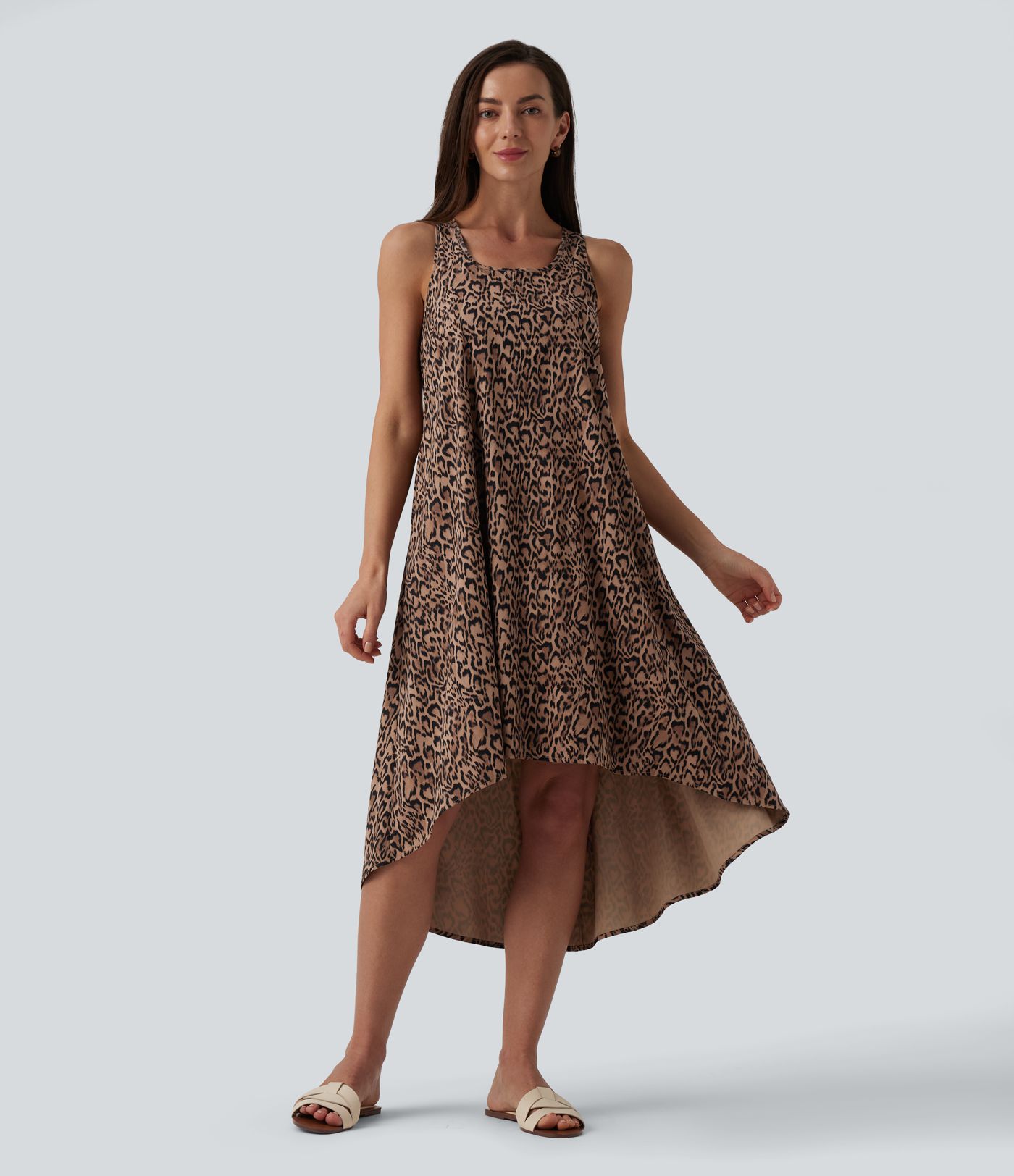 Racerback Sleeveless High Low Leopard Print Flowy Midi Resort Dress with Pockets