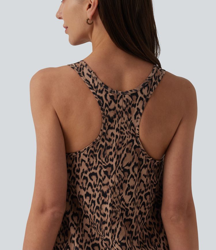 Racerback Sleeveless High Low Leopard Print Flowy Midi Resort Dress with Pockets