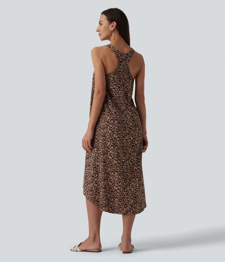 Racerback Sleeveless High Low Leopard Print Flowy Midi Resort Dress with Pockets