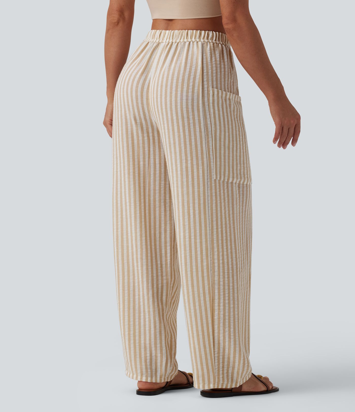 Mid Rise Drawstring Stripes Linen-Feel Casual Barrel Leg Pants with Pockets
