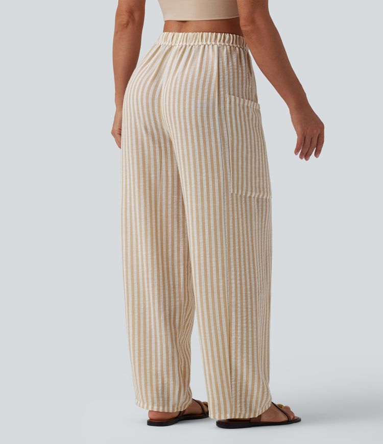 Mid Rise Drawstring Stripes Linen-Feel Casual Barrel Leg Pants with Pockets