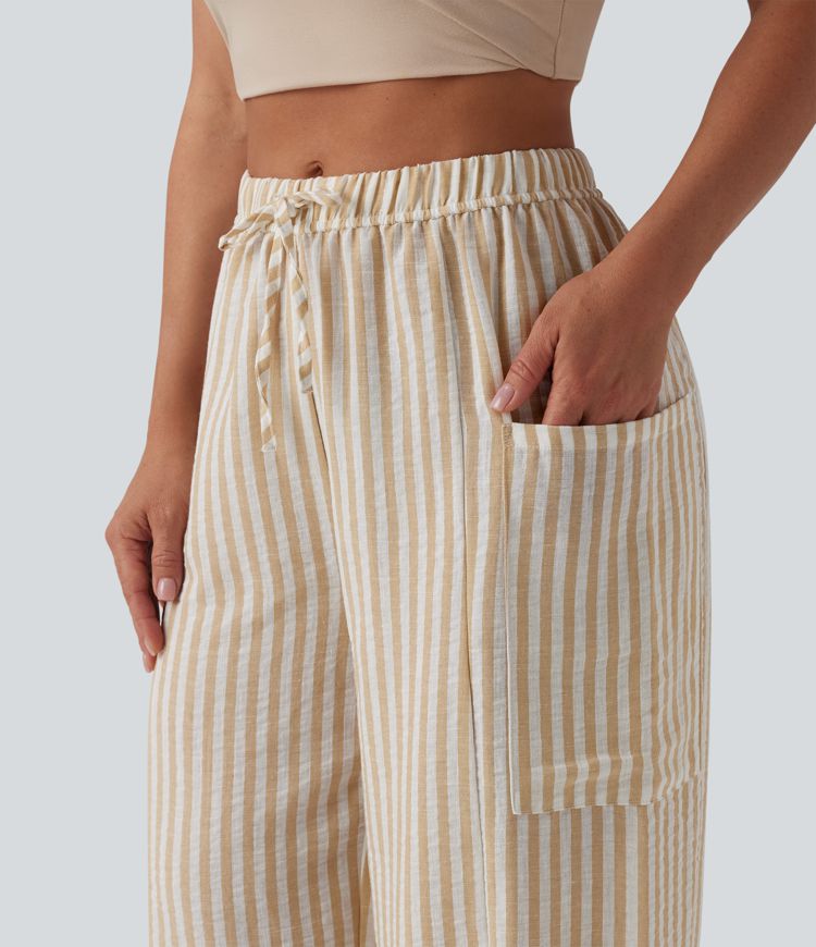 Mid Rise Drawstring Stripes Linen-Feel Casual Barrel Leg Pants with Pockets