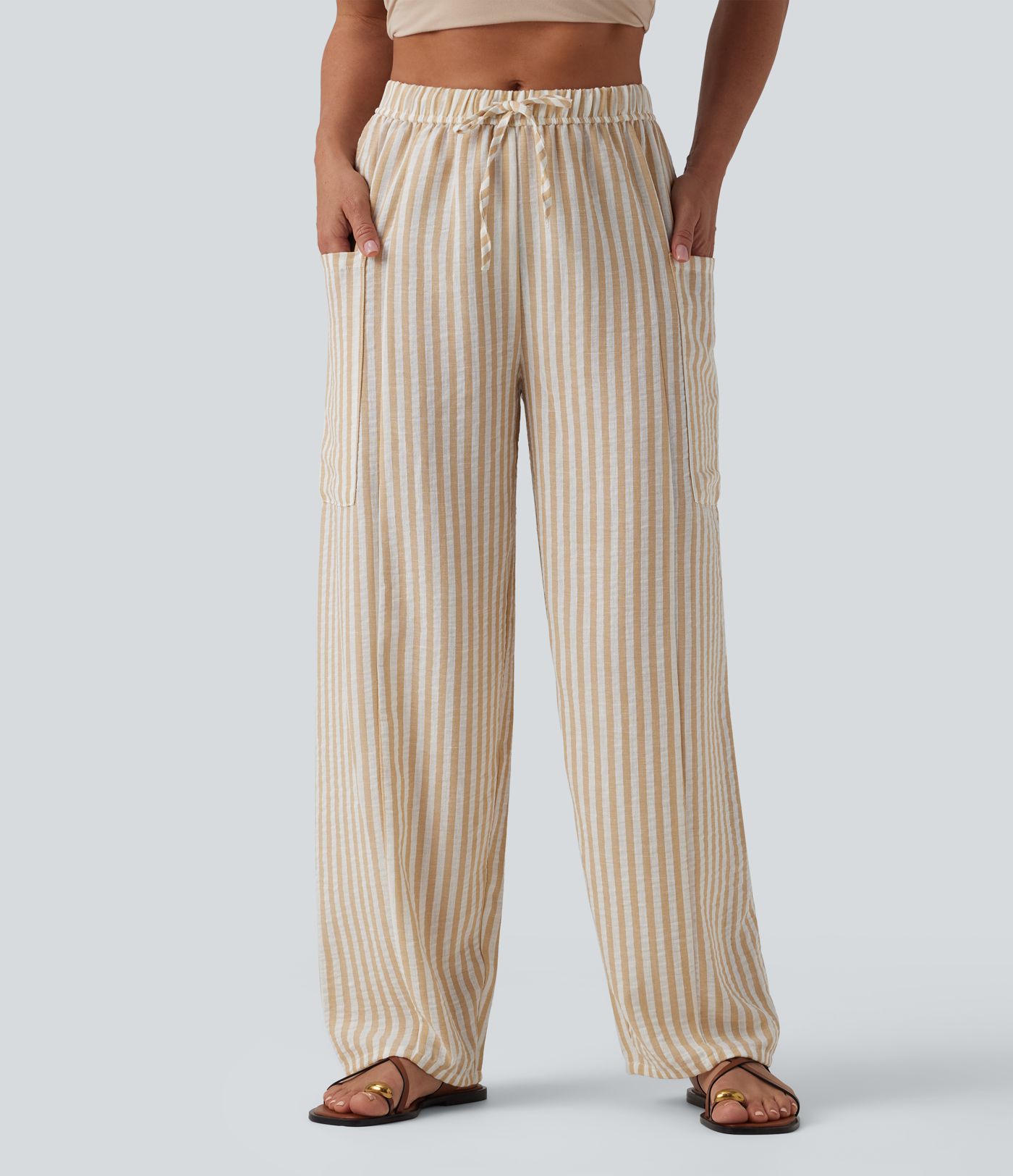 Mid Rise Drawstring Stripes Linen-Feel Casual Barrel Leg Pants with Pockets