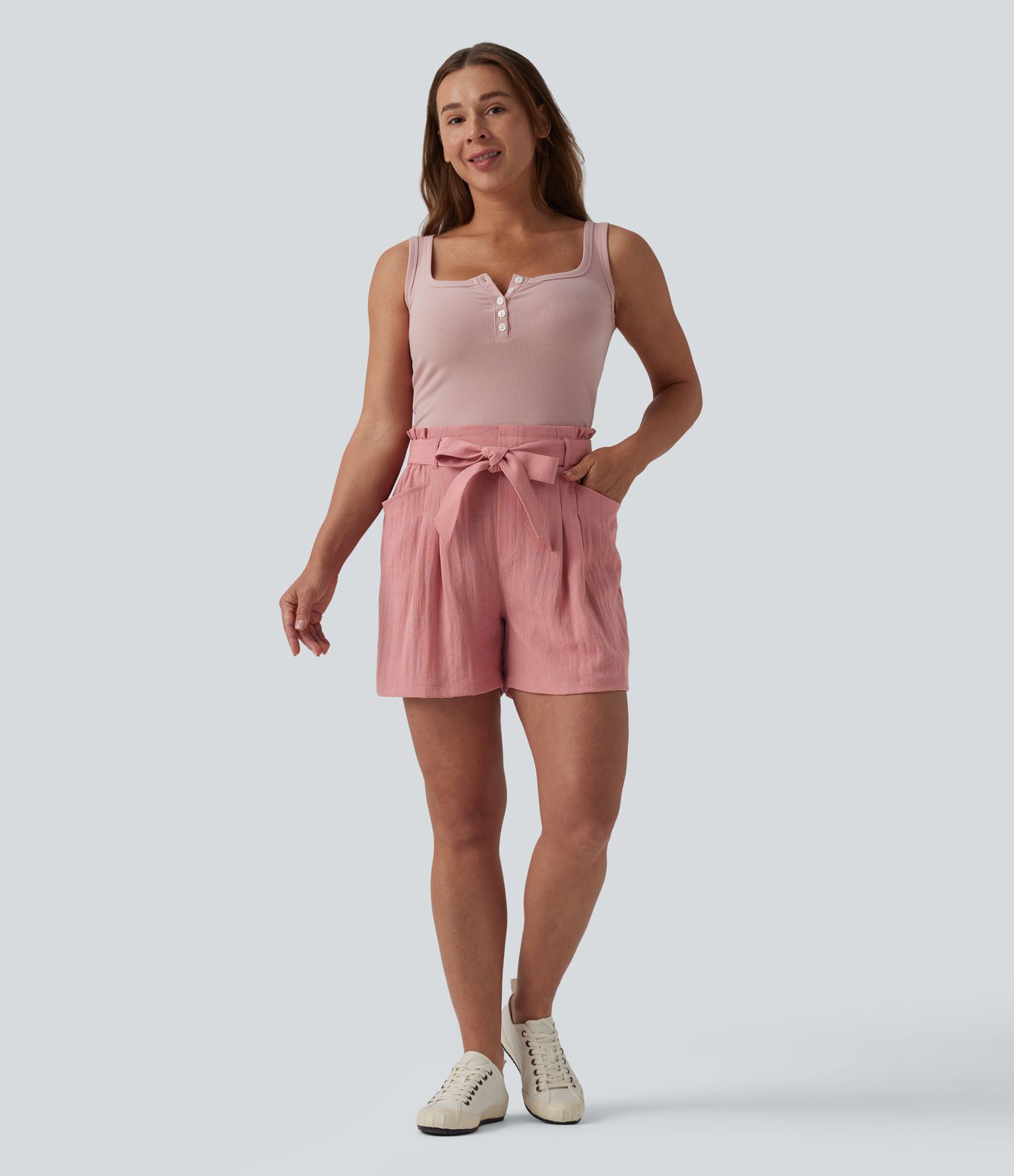 High Waisted Tie Front Casual Linen-Feel Shorts with Pockets