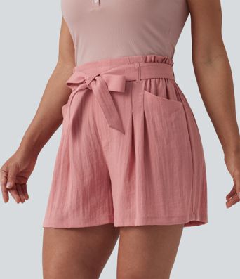 High Waisted Tie Front Casual Linen-Feel Shorts with Pockets