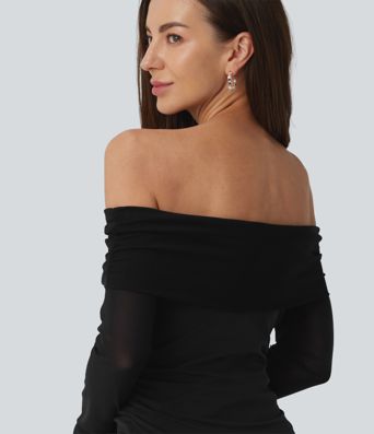 SoftlyZero™ Plush Off Shoulder Mesh Long Sleeve Top