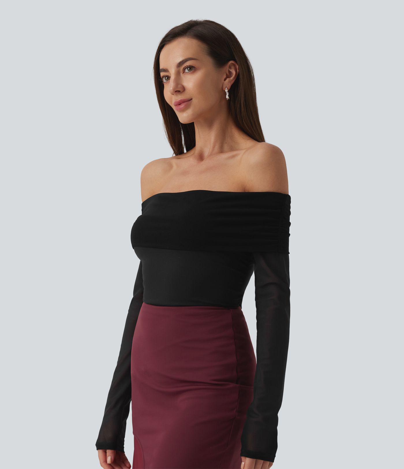 SoftlyZero™ Plush Off Shoulder Mesh Long Sleeve Top