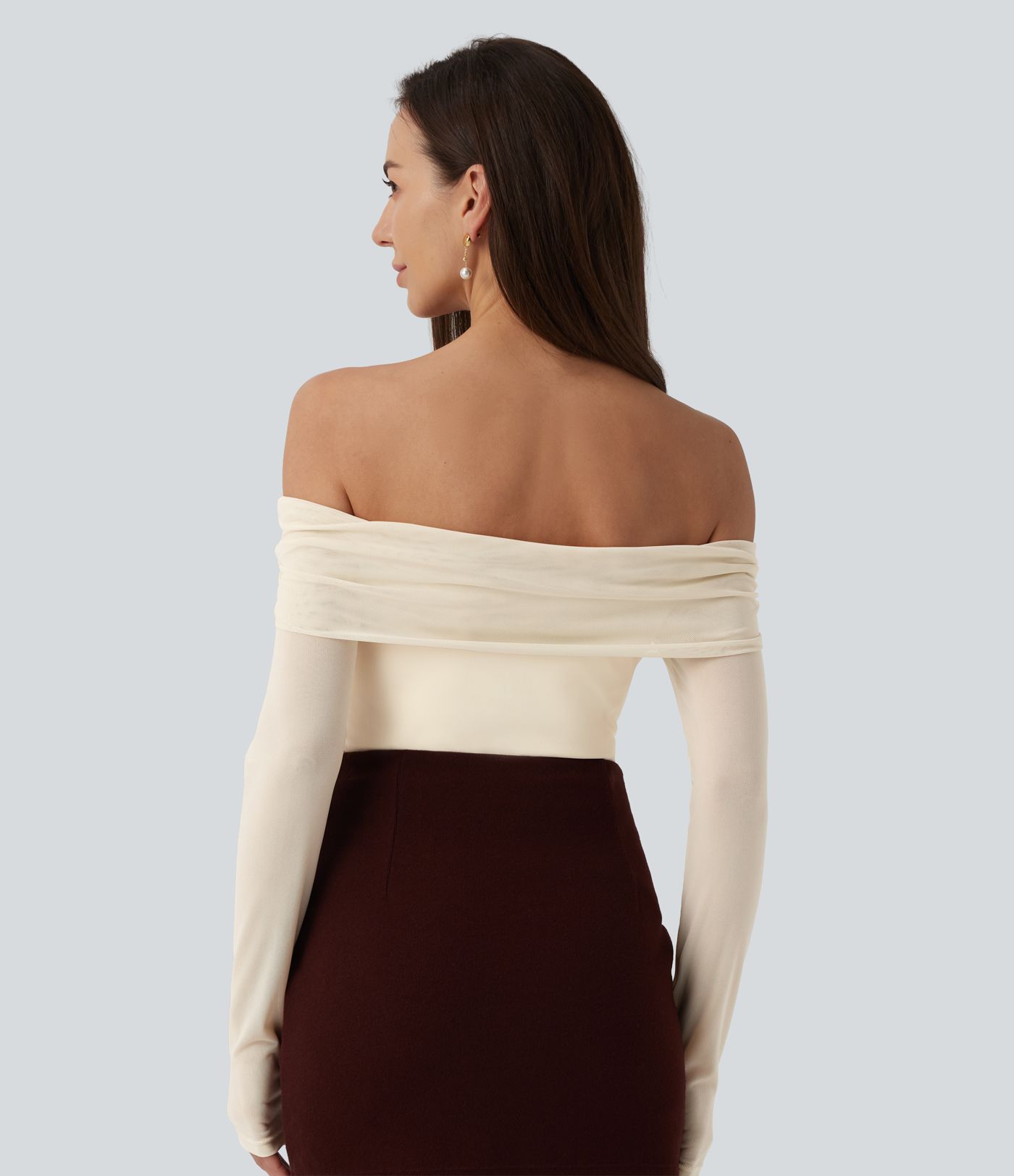 SoftlyZero™ Plush Off Shoulder Mesh Long Sleeve Top