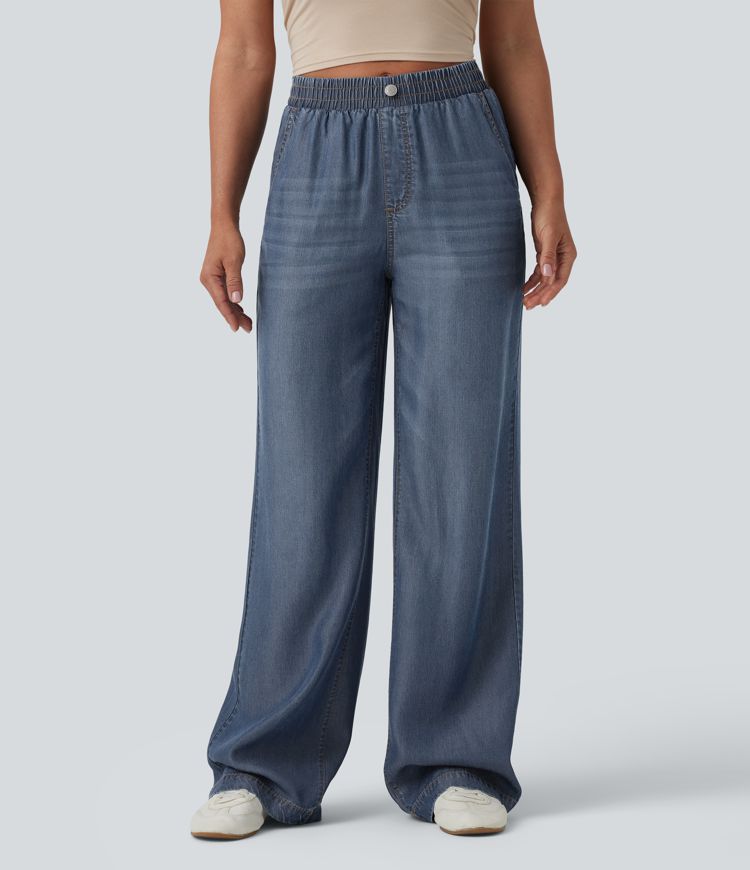 Halara Flex™ Mid Rise Draped Casual Straight Leg Jeans with Pockets